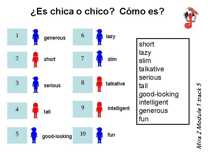 ¿Es chica o chico? Cómo es? 1 generous 6 2 short 7 3 serious