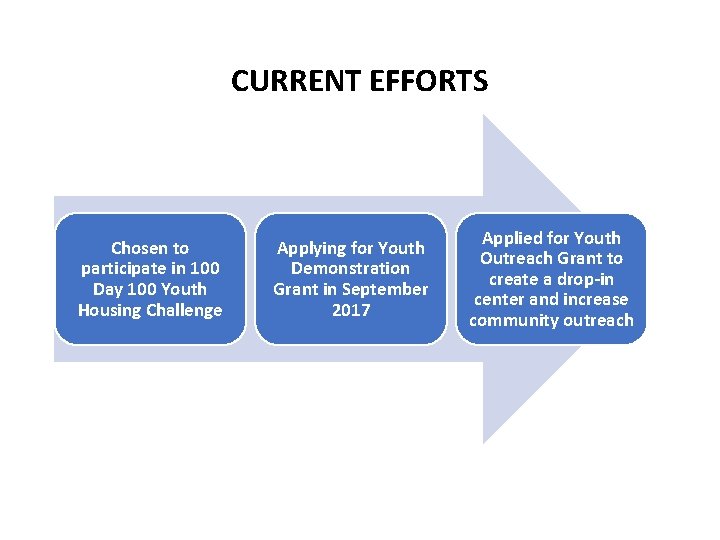 CURRENT EFFORTS Chosen to participate in 100 Day 100 Youth Housing Challenge Applying for