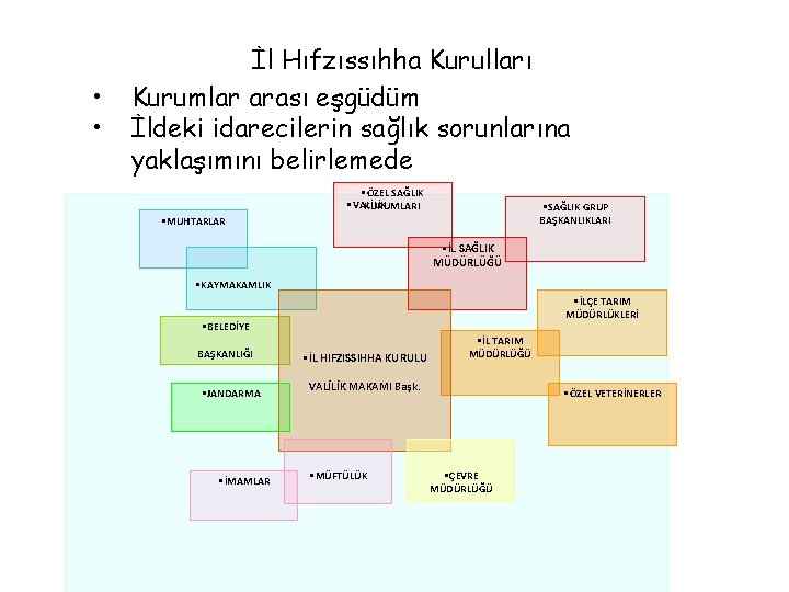  • • İl Hıfzıssıhha Kurulları Kurumlar arası eşgüdüm İldeki idarecilerin sağlık sorunlarına yaklaşımını