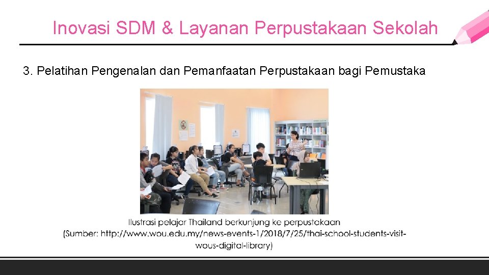 Inovasi SDM & Layanan Perpustakaan Sekolah 3. Pelatihan Pengenalan dan Pemanfaatan Perpustakaan bagi Pemustaka