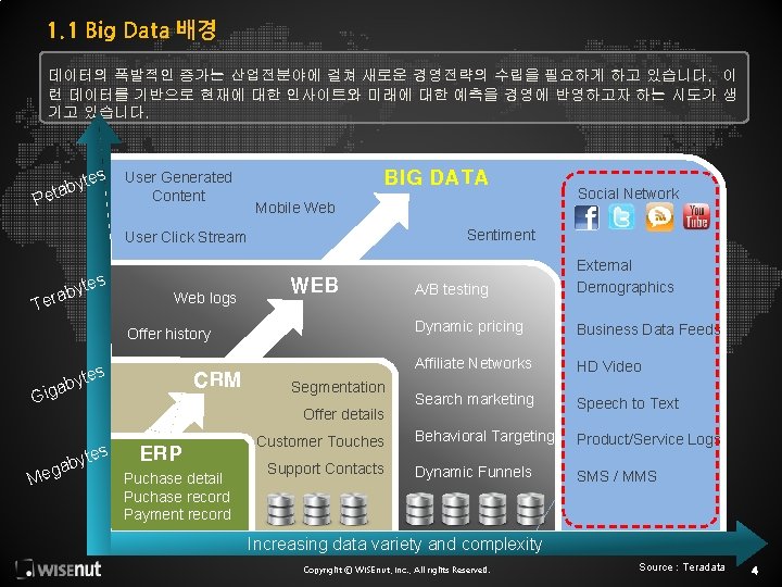 1. 1 Big Data 배경 데이터의 폭발적인 증가는 산업전분야에 걸쳐 새로운 경영전략의 수립을 필요하게