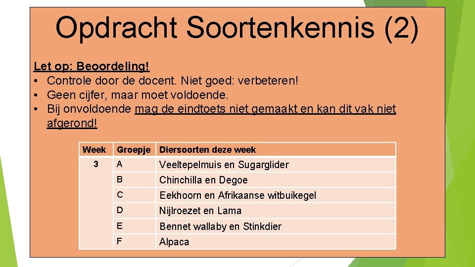 Opdracht Soortenkennis (2) Let op: Beoordeling! • Controle door de docent. Niet goed: verbeteren!