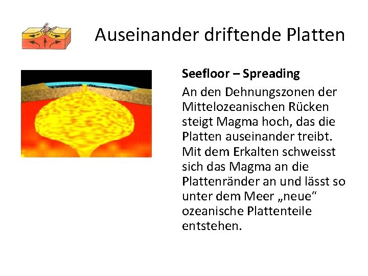 Auseinander driftende Platten Seefloor – Spreading An den Dehnungszonen der Mittelozeanischen Rücken steigt Magma