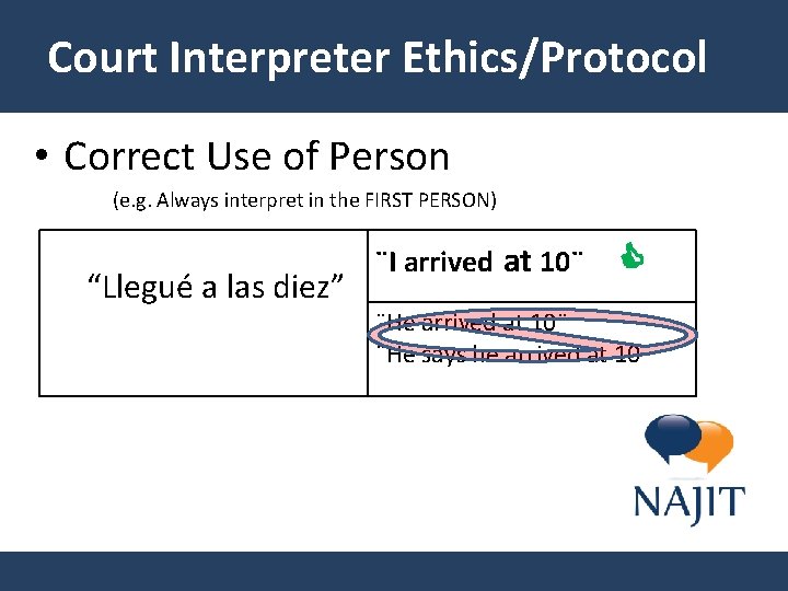 Court Interpreter Ethics/Protocol • Correct Use of Person (e. g. Always interpret in the