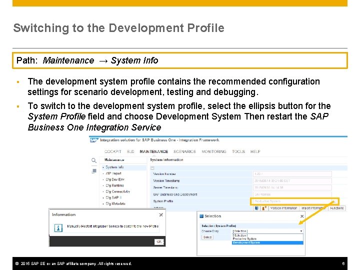 Switching to the Development Profile Path: Maintenance → System Info § The development system