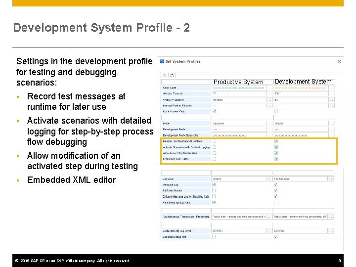 Development System Profile - 2 Settings in the development profile for testing and debugging