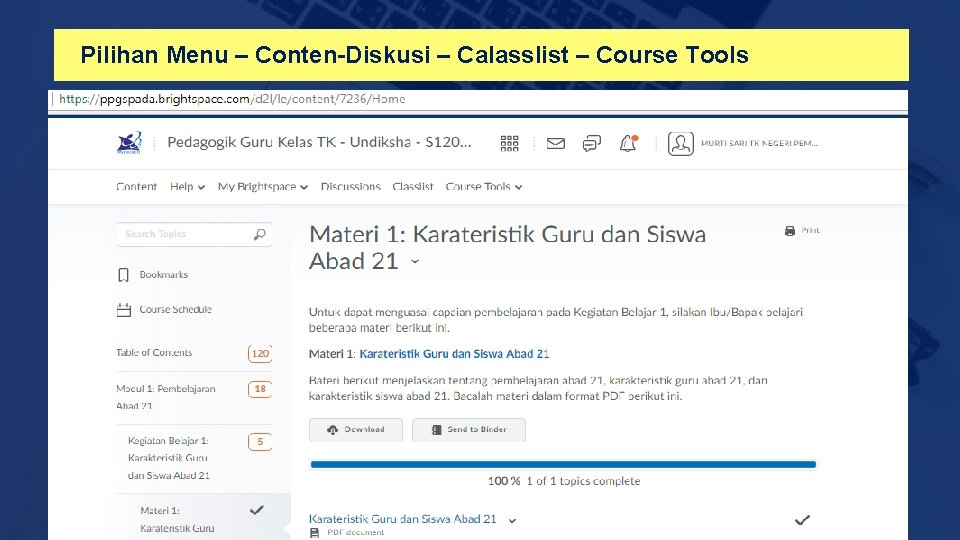 Pilihan Menu – Conten-Diskusi – Calasslist – Course Tools 