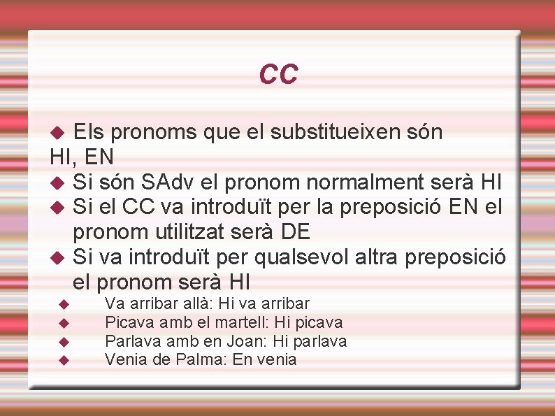 CC Els pronoms que el substitueixen són HI, EN Si són SAdv el pronom CC Els pronoms que el substitueixen són HI, EN Si són SAdv el pronom