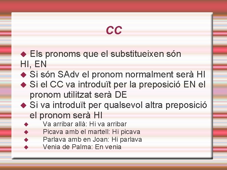 CC Els pronoms que el substitueixen són HI, EN Si són SAdv el pronom