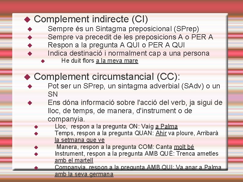  Complement indirecte (CI) Sempre és un Sintagma preposicional (SPrep) Sempre va precedit de