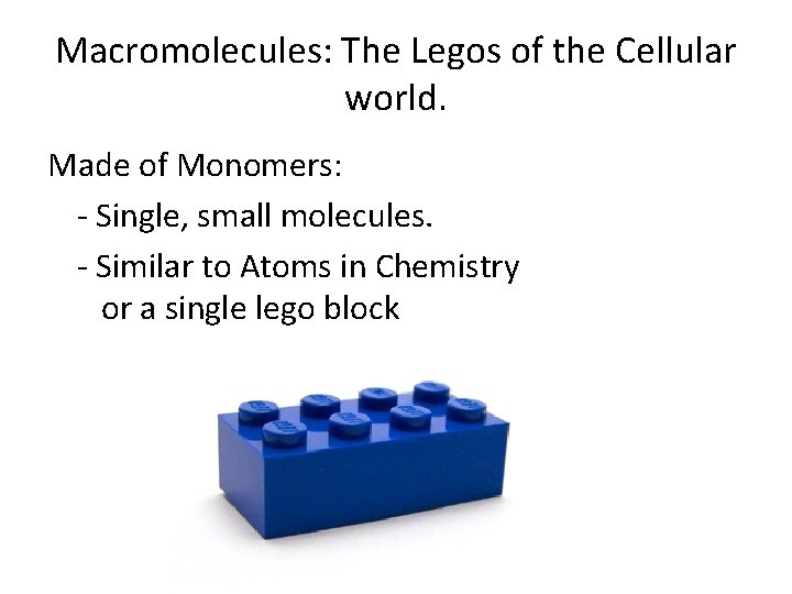 Macromolecules: The Legos of the Cellular world. Made of Monomers: - Single, small molecules.