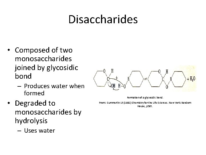 Disaccharides • Composed of two monosaccharides joined by glycosidic bond – Produces water when