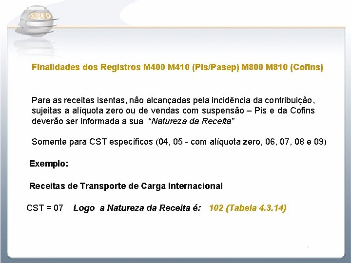 Finalidades dos Registros M 400 M 410 (Pis/Pasep) M 800 M 810 (Cofins) Para