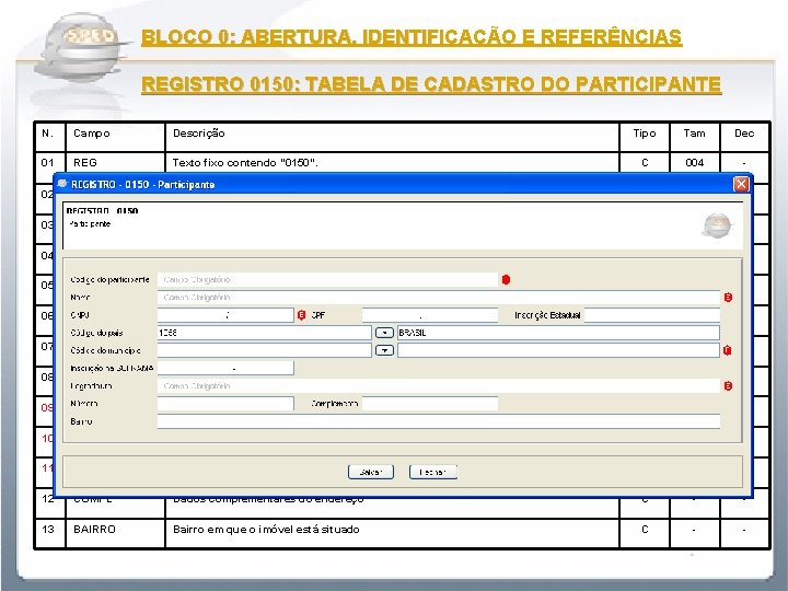 BLOCO 0: ABERTURA, IDENTIFICAÇÃO E REFERÊNCIAS REGISTRO 0150: TABELA DE CADASTRO DO PARTICIPANTE N.