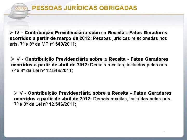 PESSOAS JURÍDICAS OBRIGADAS Ø IV - Contribuição Previdenciária sobre a Receita - Fatos Geradores