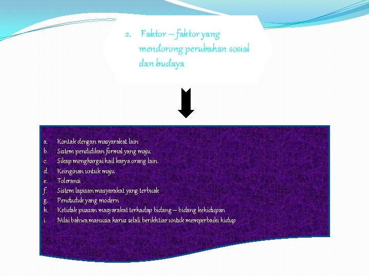 2. Faktor – faktor yang mendorong perubahan sosial dan budaya a. b. c. d. 2. Faktor – faktor yang mendorong perubahan sosial dan budaya a. b. c. d.