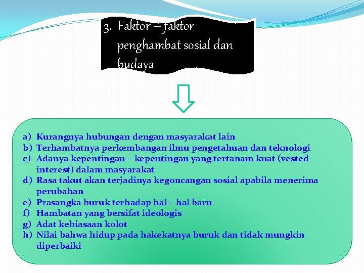 3. Faktor – faktor penghambat sosial dan budaya a) Kurangnya hubungan dengan masyarakat lain 3. Faktor – faktor penghambat sosial dan budaya a) Kurangnya hubungan dengan masyarakat lain
