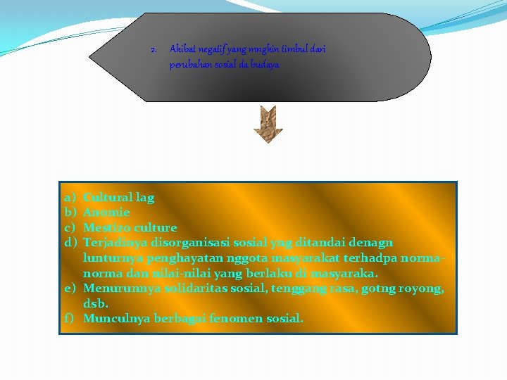 2. Akibat negatif yang mngkin timbul dari perubahan sosial da budaya a) b) c) 2. Akibat negatif yang mngkin timbul dari perubahan sosial da budaya a) b) c)