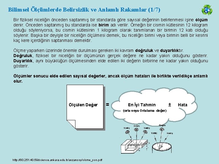 Bilimsel Ölçümlerde Belirsizlik ve Anlamlı Rakamlar (1/7) Bir fiziksel niceliğin önceden saptanmış bir standarda