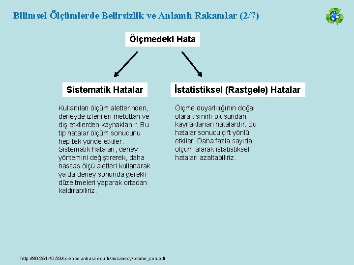 Bilimsel Ölçümlerde Belirsizlik ve Anlamlı Rakamlar (2/7) Ölçmedeki Hata Sistematik Hatalar Kullanılan ölçüm aletlerinden,