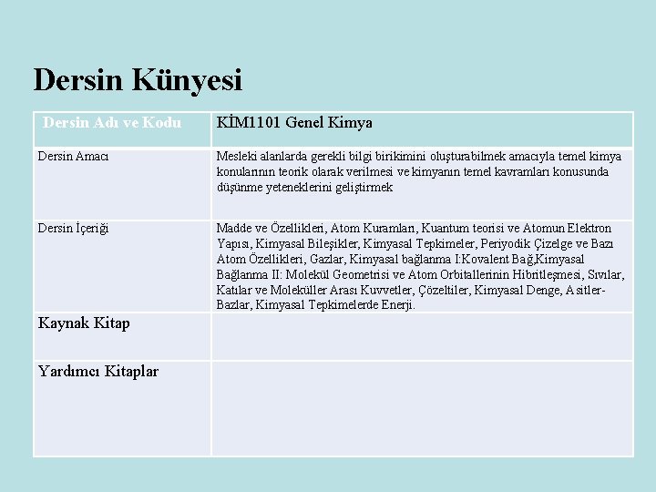 Dersin Künyesi Dersin Adı ve Kodu KİM 1101 Genel Kimya Dersin Amacı Mesleki alanlarda