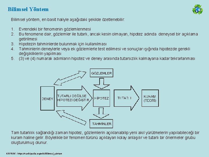Bilimsel Yöntem Bilimsel yöntem, en basit haliyle aşağıdaki şekilde özetlenebilir: 1. 2. 3. 4.