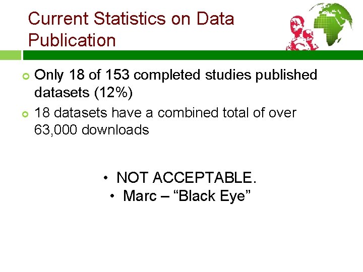 Current Statistics on Data Publication ¢ ¢ Only 18 of 153 completed studies published