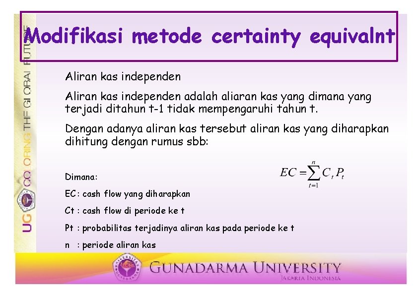 Modifikasi metode certainty equivalnt Aliran kas independen adalah aliaran kas yang dimana yang terjadi