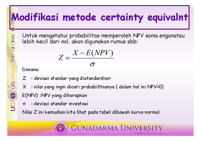 Modifikasi metode certainty equivalnt Untuk mengetahui probabilitas memperoleh NPV sama enganatau lebih kecil dari