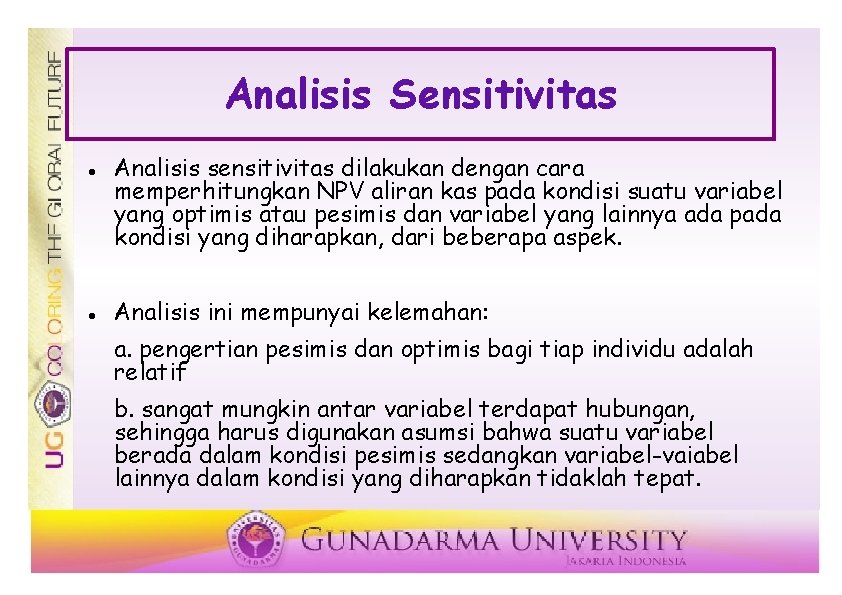 Analisis Sensitivitas Analisis sensitivitas dilakukan dengan cara memperhitungkan NPV aliran kas pada kondisi suatu