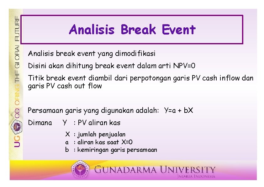 Analisis Break Event Analisis break event yang dimodifikasi Disini akan dihitung break event dalam