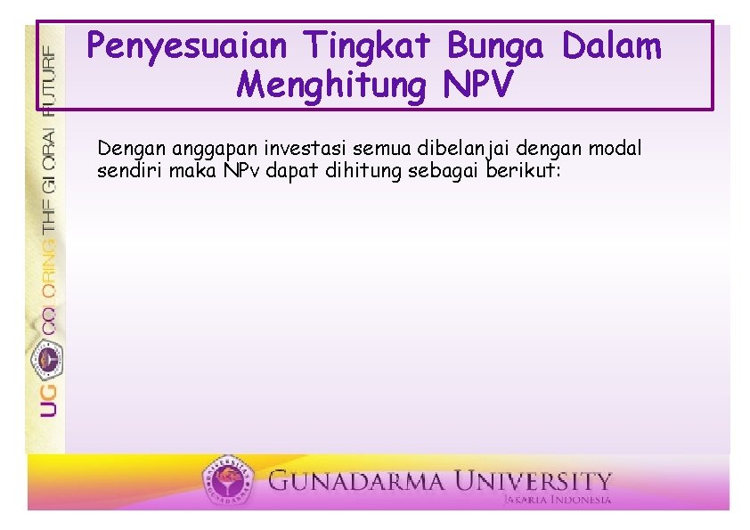 Penyesuaian Tingkat Bunga Dalam Menghitung NPV Dengan anggapan investasi semua dibelanjai dengan modal sendiri