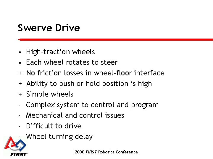 Swerve Drive • • + + + - High-traction wheels Each wheel rotates to