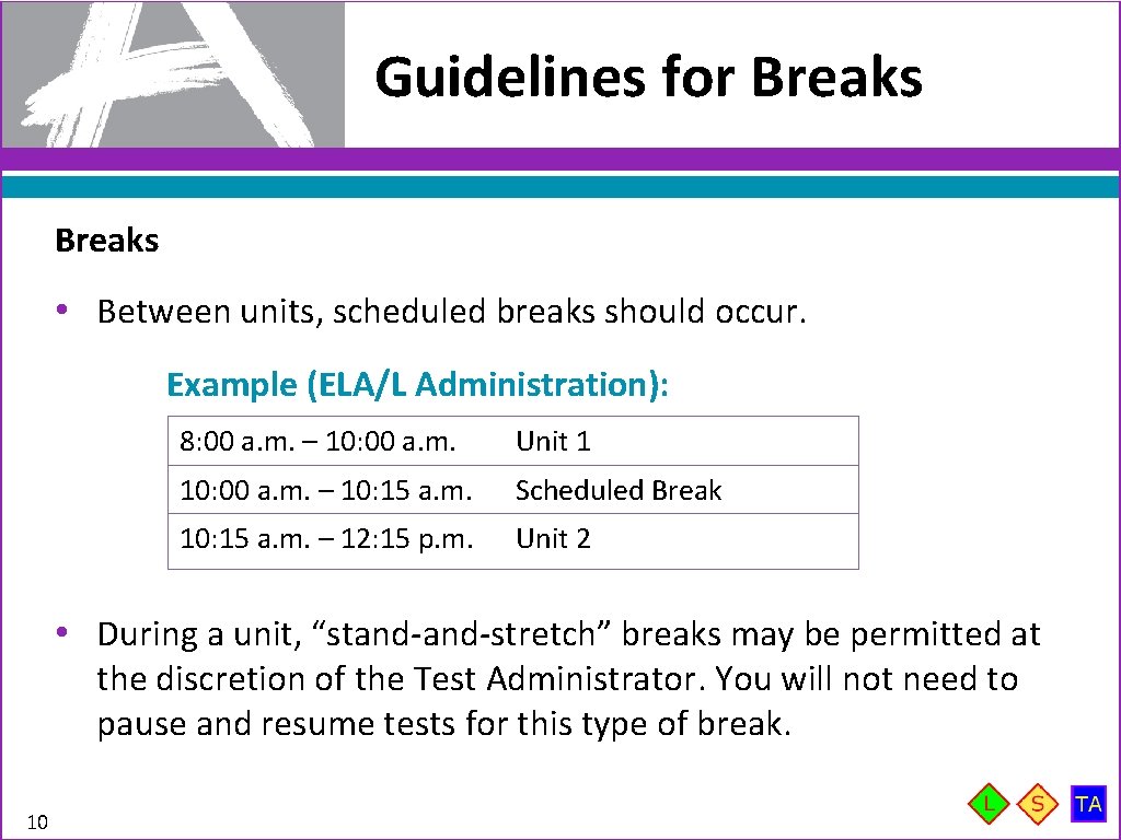 Guidelines for Breaks • Between units, scheduled breaks should occur. Example (ELA/L Administration): 8: