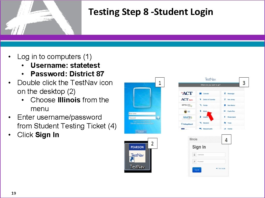 Testing Step 8 -Student Login • Log in to computers (1) • Username: statetest