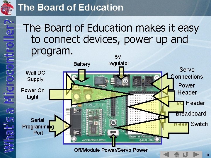 The Board of Education makes it easy to connect devices, power up and program.