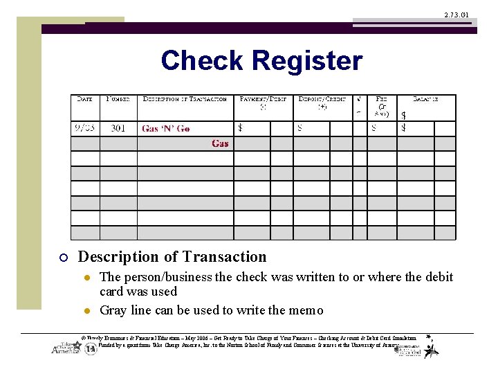 2. 7. 3. G 1 Check Register ¡ Description of Transaction l l The