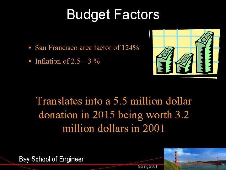 Budget Factors • San Francisco area factor of 124% • Inflation of 2. 5