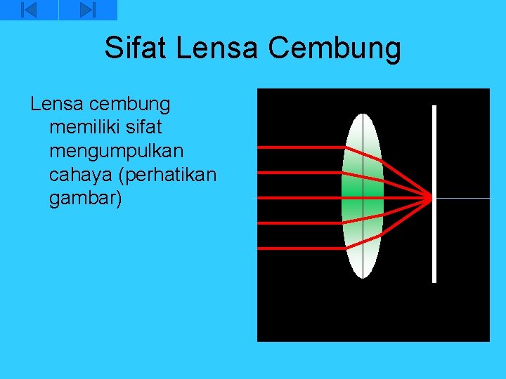 Sifat Lensa Cembung Lensa cembung memiliki sifat mengumpulkan cahaya (perhatikan gambar) 