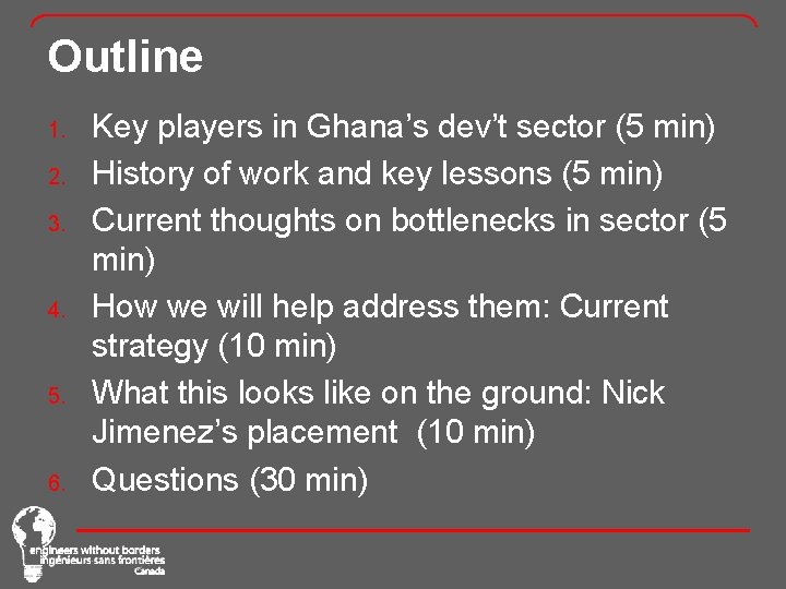 Outline 1. 2. 3. 4. 5. 6. Key players in Ghana’s dev’t sector (5