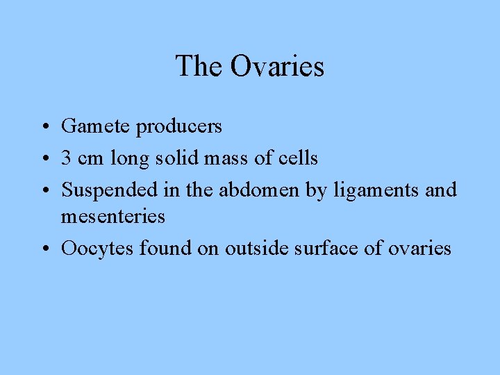 The Ovaries • Gamete producers • 3 cm long solid mass of cells •