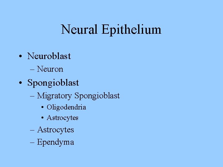 Neural Epithelium • Neuroblast – Neuron • Spongioblast – Migratory Spongioblast • Oligodendria •