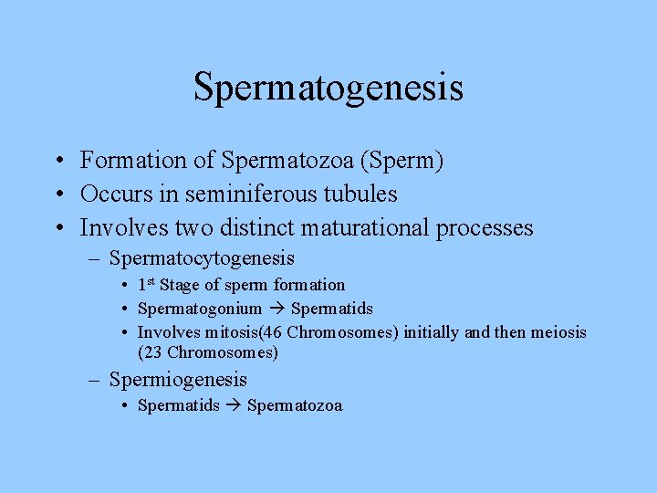 Spermatogenesis • Formation of Spermatozoa (Sperm) • Occurs in seminiferous tubules • Involves two