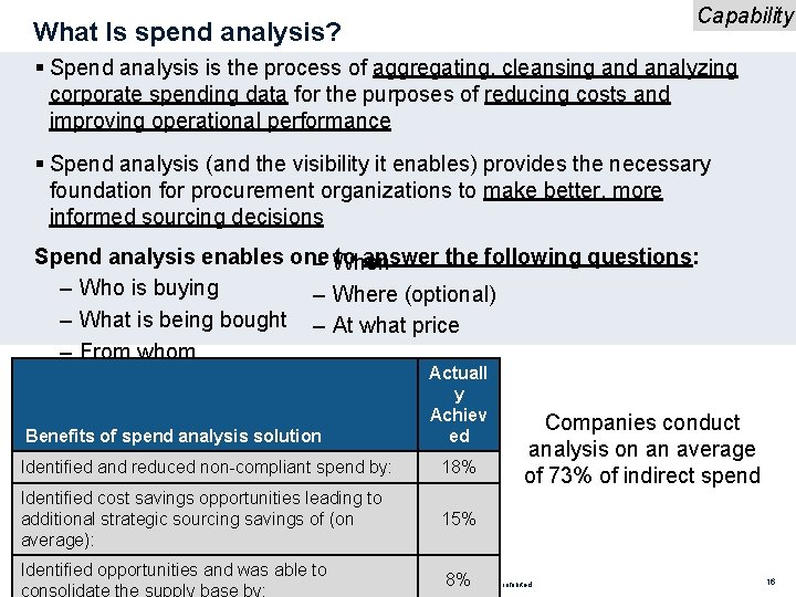 Capability What Is spend analysis? § Spend analysis is the process of aggregating, cleansing