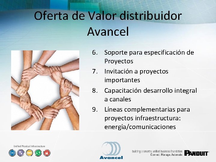 Oferta de Valor distribuidor Avancel 6. Soporte para especificación de Proyectos 7. Invitación a