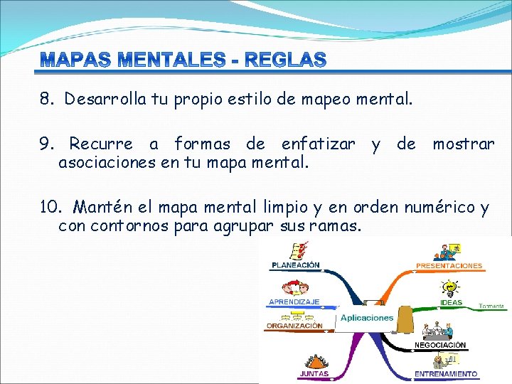 8. Desarrolla tu propio estilo de mapeo mental. 9. Recurre a formas de enfatizar