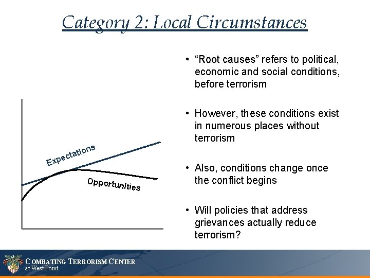 Category 2: Local Circumstances • “Root causes” refers to political, economic and social conditions,