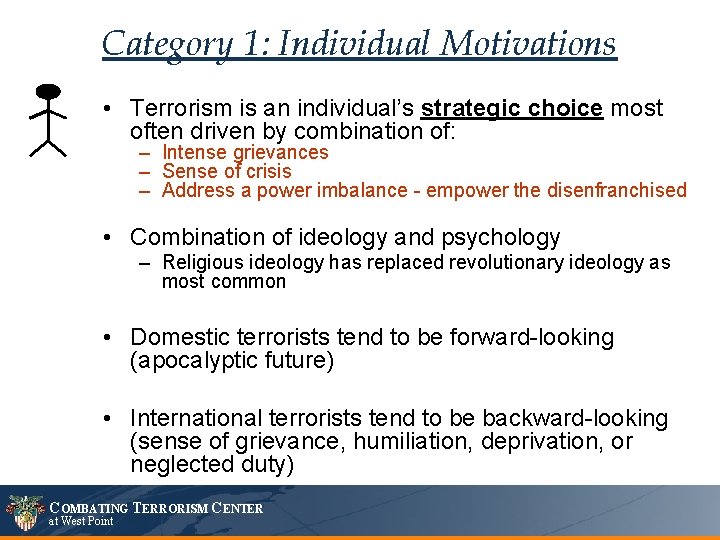 Category 1: Individual Motivations • Terrorism is an individual’s strategic choice most often driven