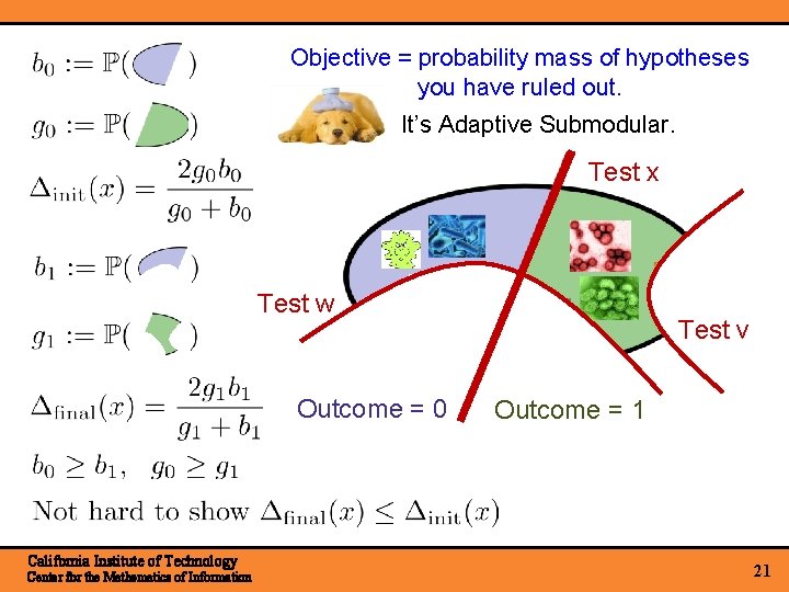 Objective = probability mass of hypotheses you have ruled out. It’s Adaptive Submodular. Test