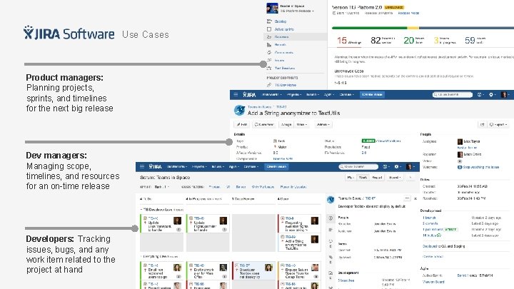 Use Cases Product managers: Planning projects, sprints, and timelines for the next big release